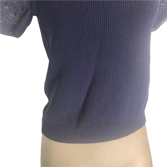 J.CREW Women's Eyelet Lace Sleeve Cotton Knit Navy Short Sleeve Sweater Small - Picture 10 of 11